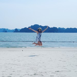The beautiful private white sandy beach at the Vin Pearl Ha Long Bay Resort